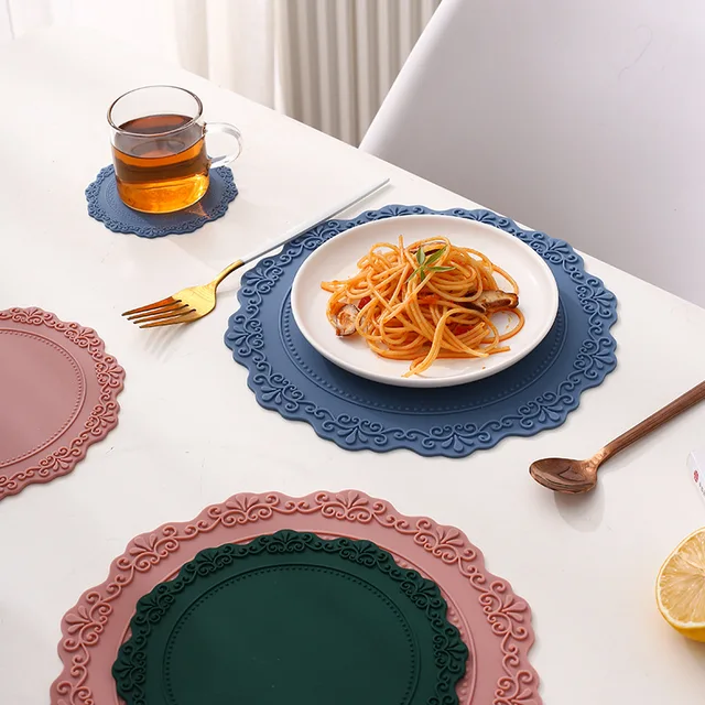 23cm European Embossed Silicone Placemat Kitchen Tableware Pad Dining Table  Round Heat Insulation Mat - Sky Blue / Style 1 Wholesale