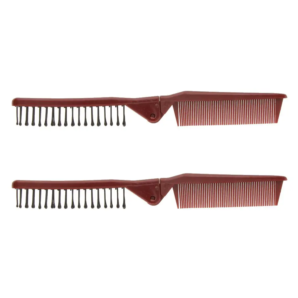 2x2Pcs Plastic Dual Hair Brush Pocket Folding Travel Comb Anti Static Wine Red