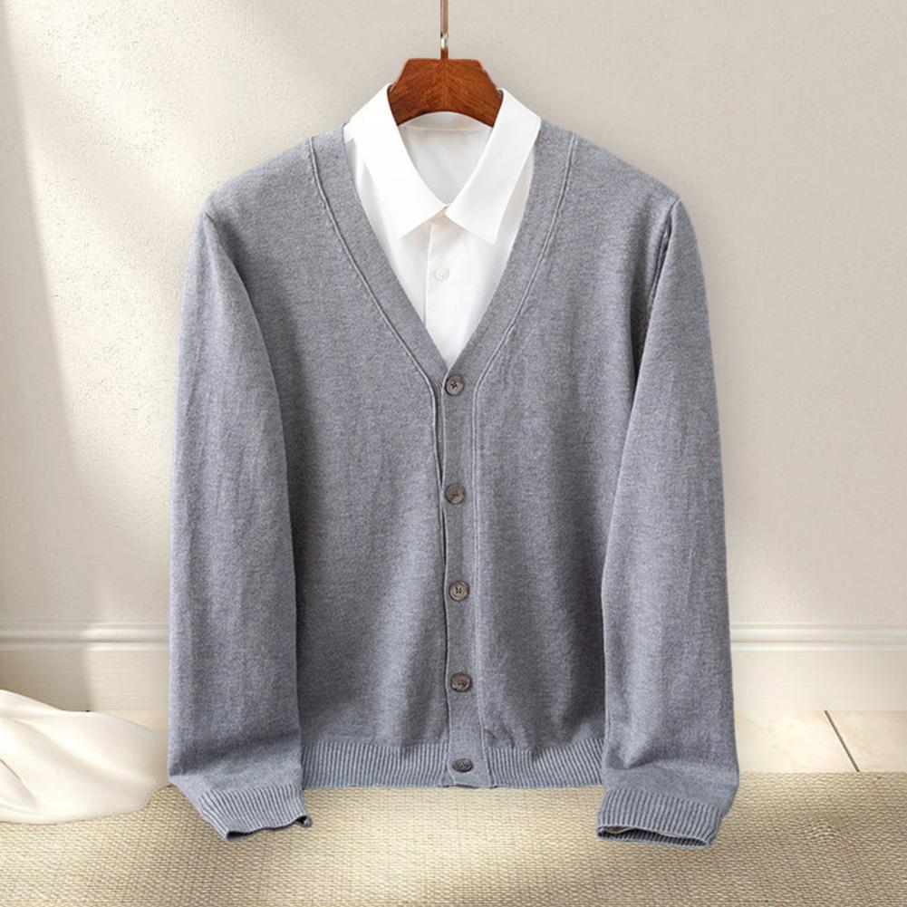 Description Picture 3 of itemKnitted V-neck Cardigan Elastic Cuff Cardigan Men's V Neck Cardigan Sweater Coat with Single-breasted Buttons Solid for Fall