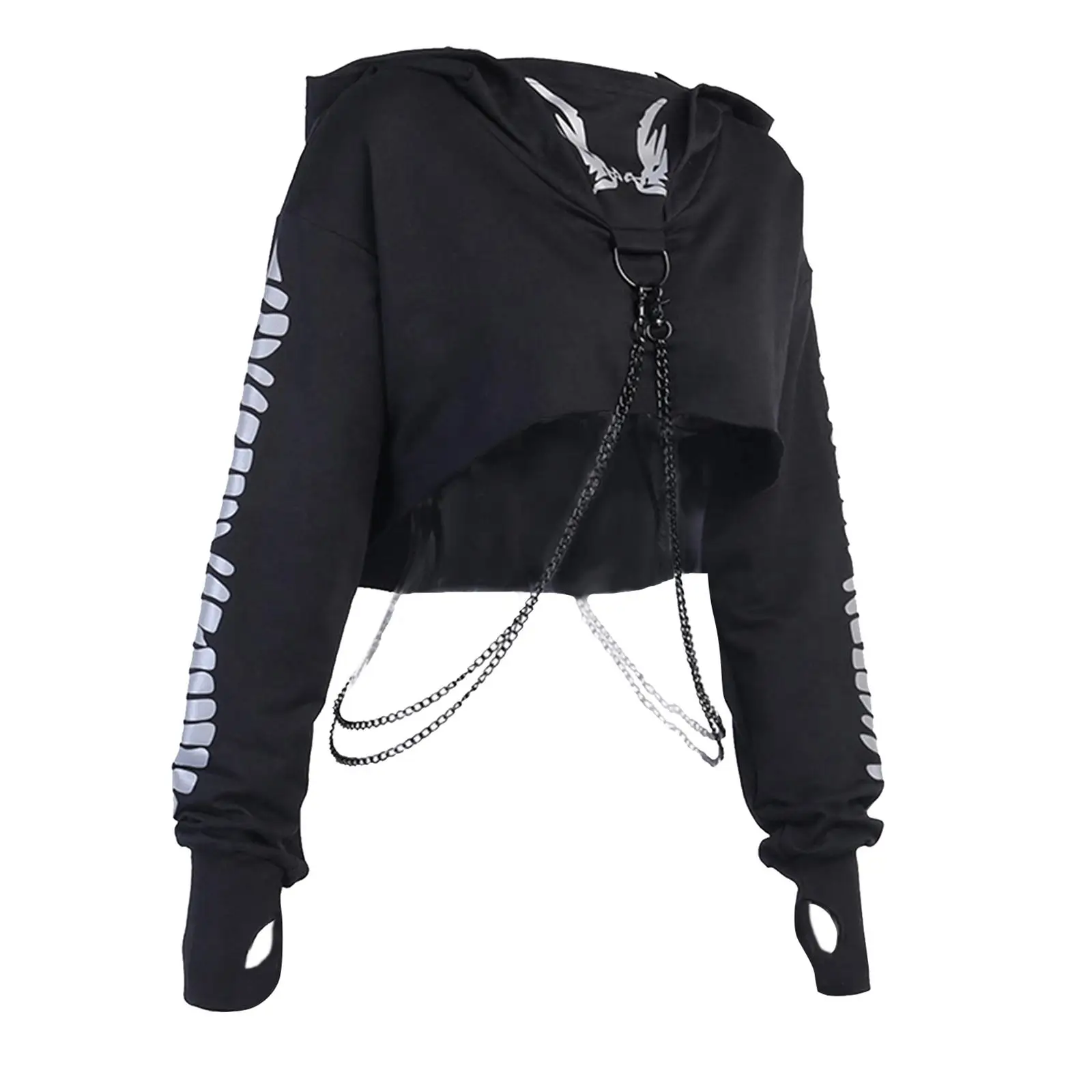 Women Gothic Chain  Hooded Crop  Hoodie weater with Reflective Printed-,, L