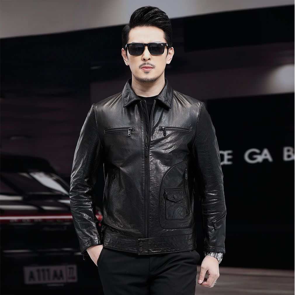 Description Picture 3 of item2022 Spring Autumn Men New Motorcycle Lapel Jackets Male Slim Fit Real Leather Coats Men Genuine Cow Leather Outerwear N90