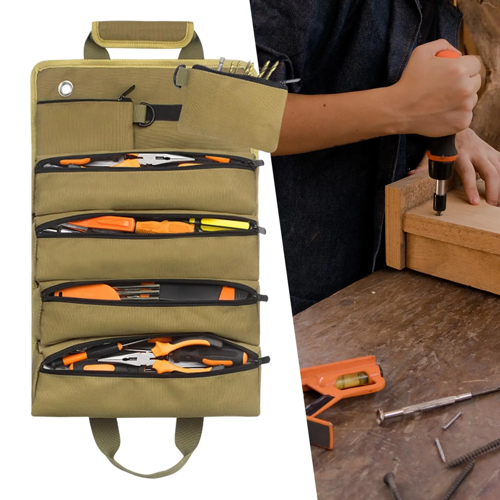 Multifunctional Tool Roll Pouch Tool Zipper Carrier Tote Removable Portable Roll up Tool Bag Organizer for Repairman Carpenter