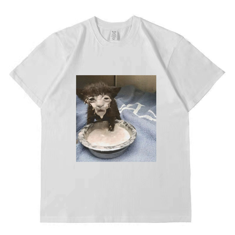 Milch gesicht Katze Meme Print T-Shirt seltsamen Humor lustige Katze Grafik T-Shirts Männer Frauen Mode Baumwolle übergroße T-Shirt Streetwear – Detail 3