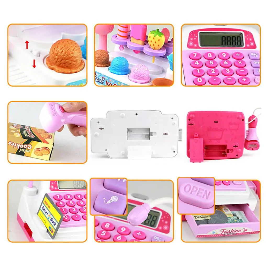 Toy  Register with  Scanner, , Play Money and Food Shopping Play Set for Kids  Supermarket  Playset