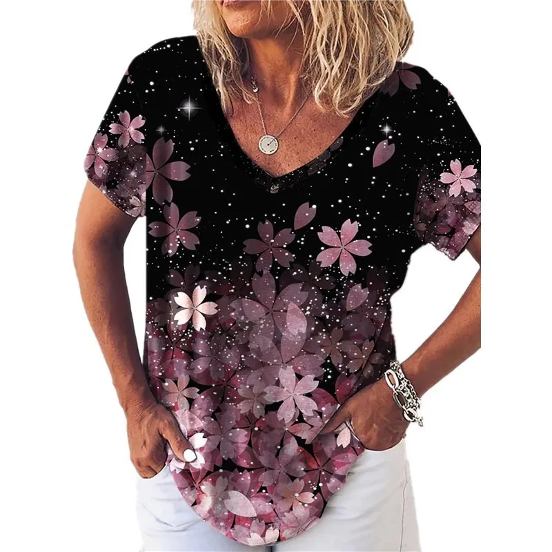 2022 Summer New Tribal Flower Mang Plant Print T-shirt Women's Short-sleeved V-neck Loose Top Women's Casual Pullover T-shirt summer crop top