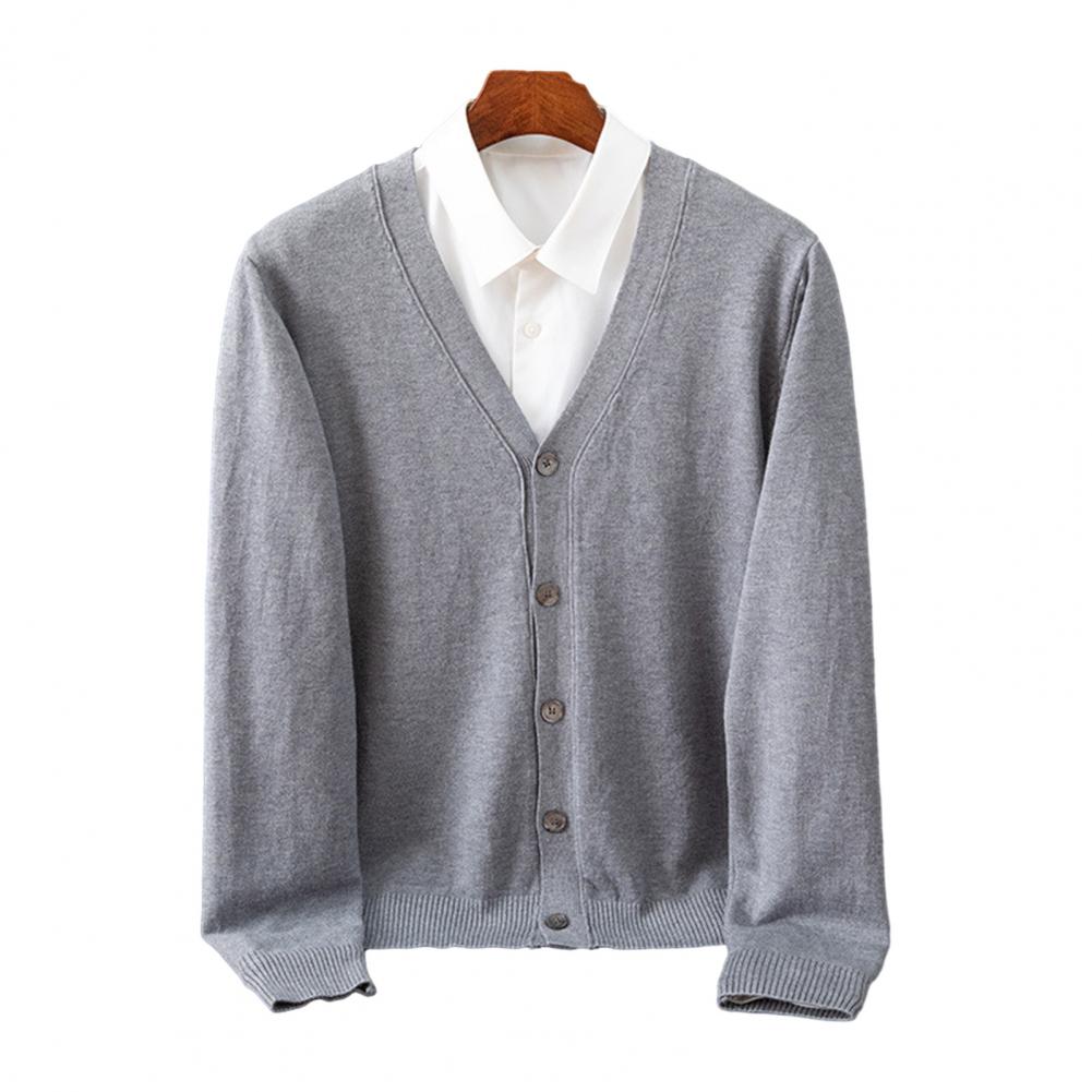 Description Picture 4 of itemKnitted V-neck Cardigan Elastic Cuff Cardigan Men's V Neck Cardigan Sweater Coat with Single-breasted Buttons Solid for Fall