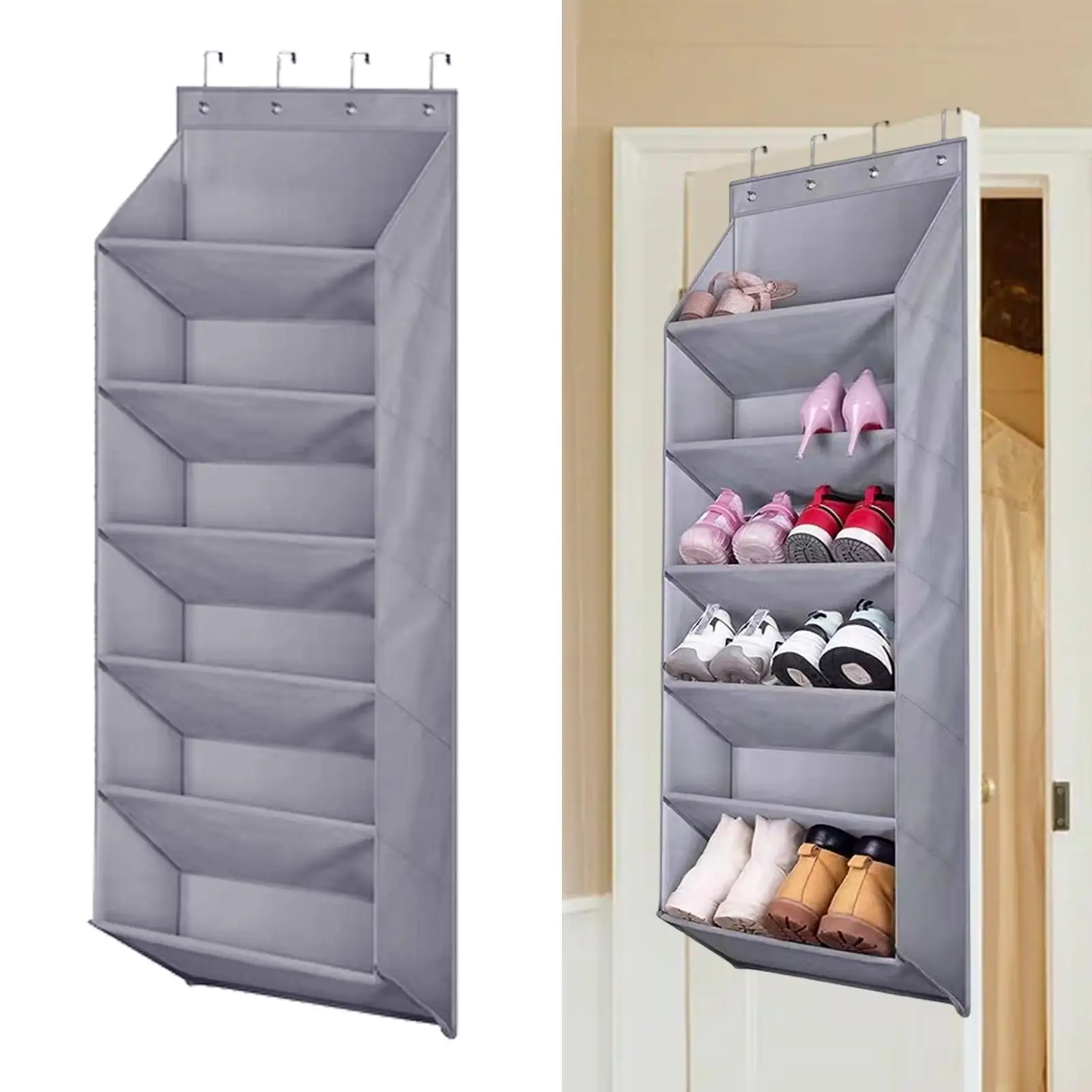 Door Shoe Rack Gray Multifunctional Oxford Cloth Various Compartments Foldable Hanging Storage Bag for Baby Items 14 Pair Boots