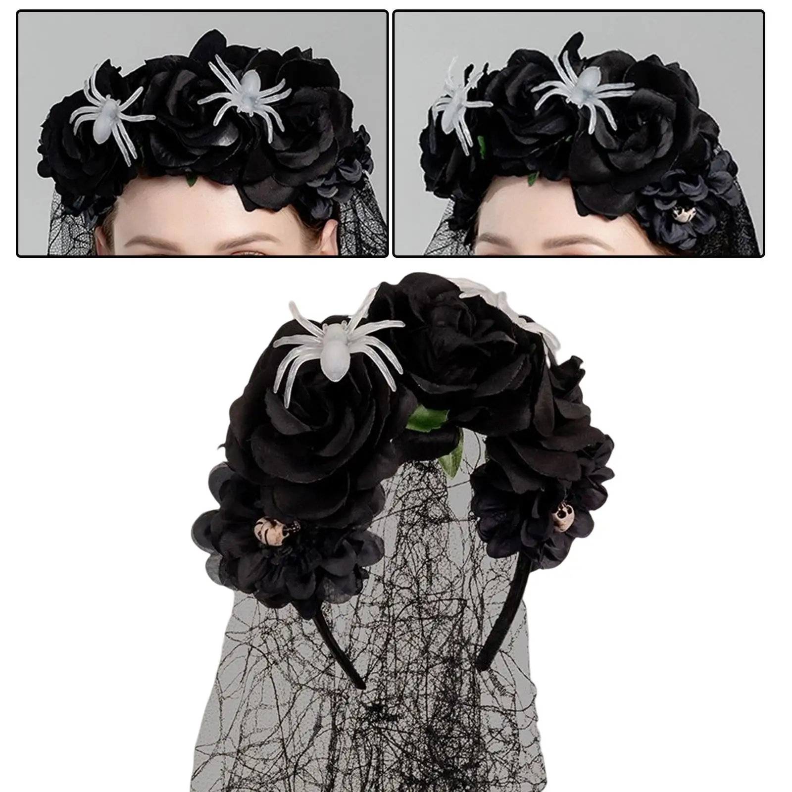 Lace Halloween Veil Flower Headband Bridal Costume Accessory Gothic Headpiece for Cosplay Festival Fancy Dress Party Girls