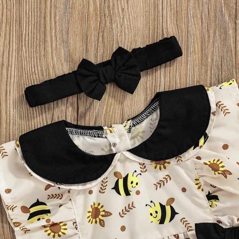 cool baby bodysuits	 2 Pcs Newborn Summer Outfits Cute Baby Girls Bee Print Doll Collar Fly Sleeve Romper Bodysuit with Bows + Solid Color Headband baby bodysuit dress
