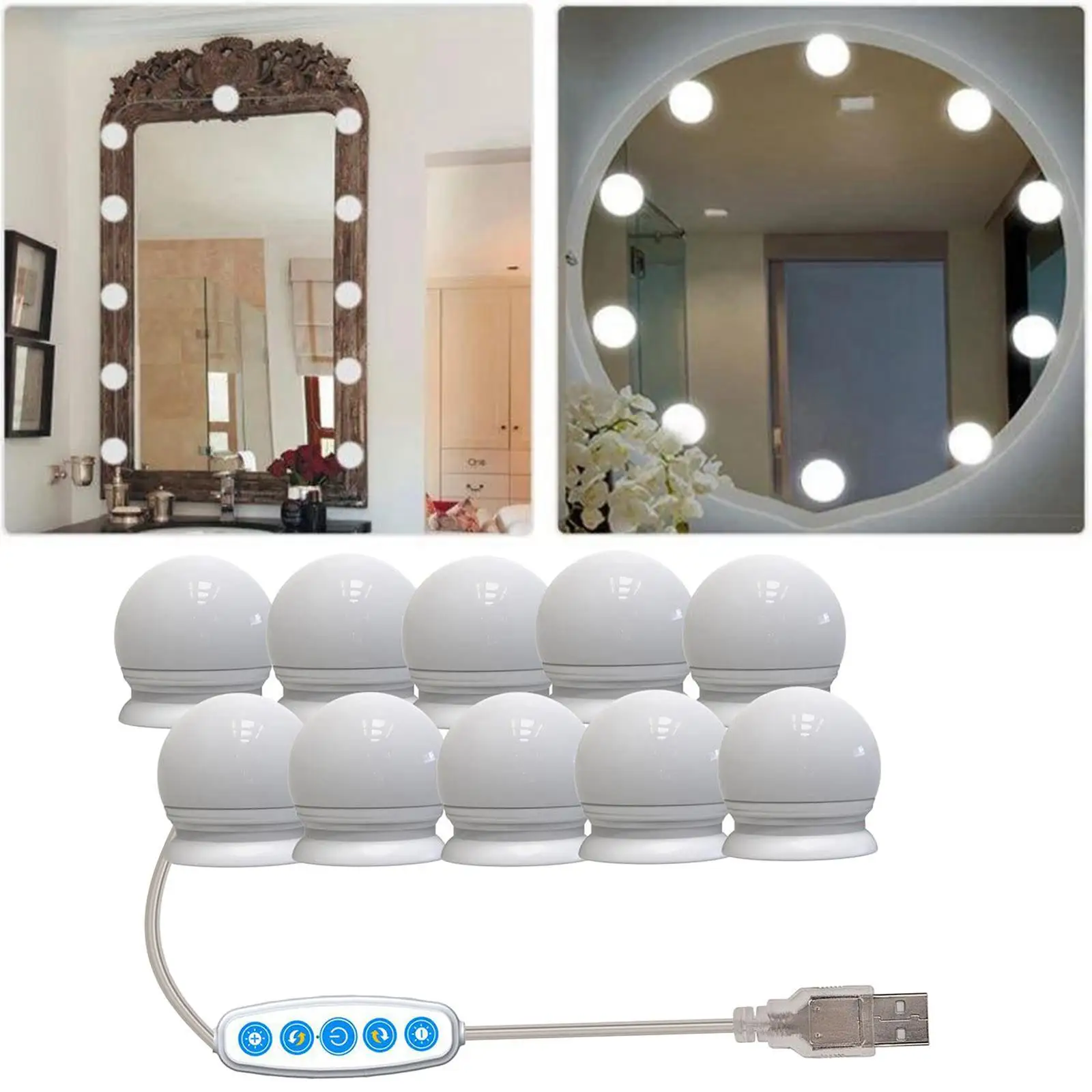   Makeup Lighted Vanity Mirror Lights 10 LED Bulbs Dimmable Tabletops