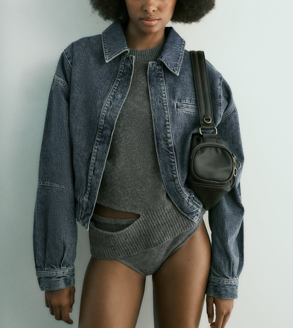Giacca bomber in denim da donna Autunno nuovo risvolto maniche lunghe spalle scese orlo elastico giacca cappotto capispalla femminile_voghion.com