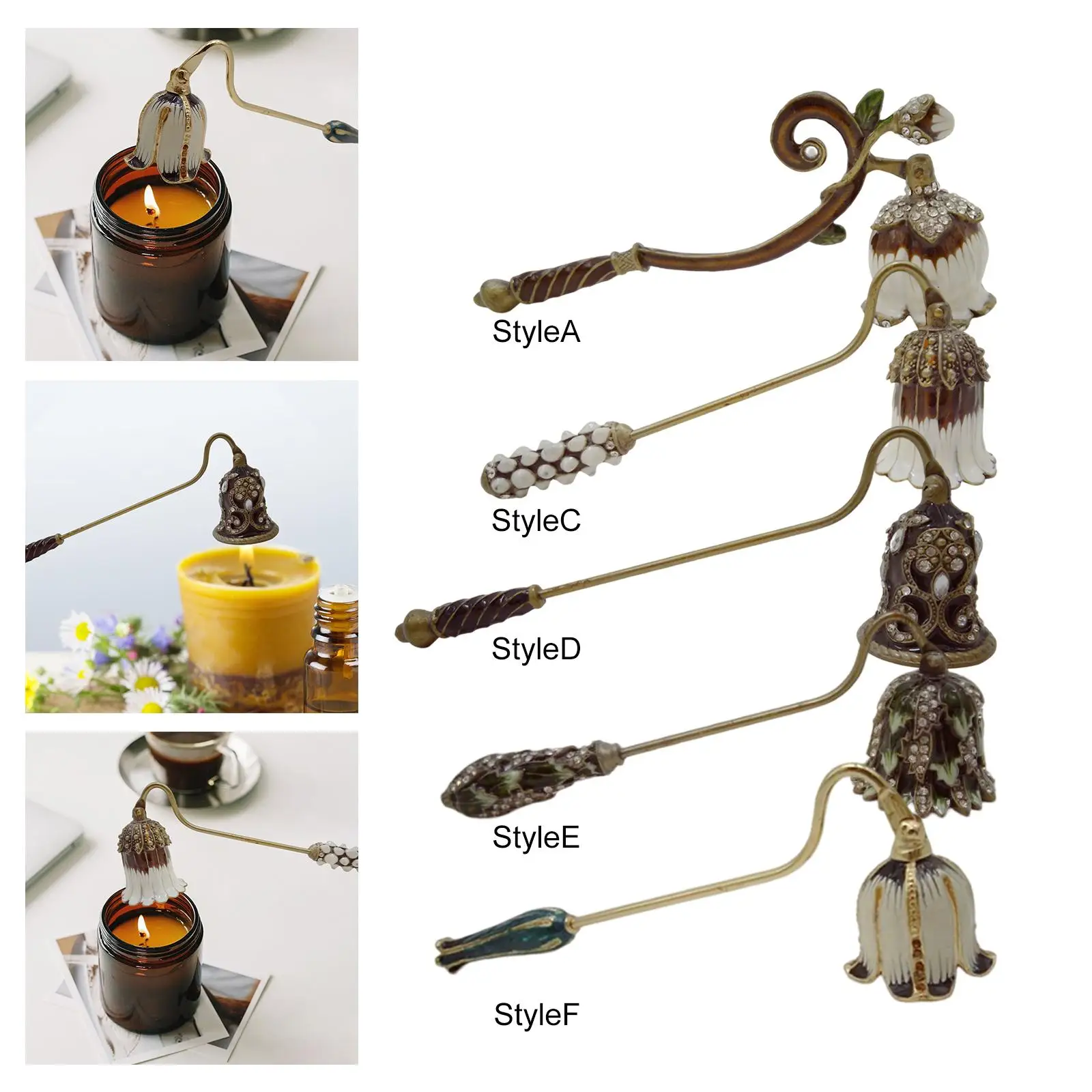 Decorative bell candle extinguisher with long handle for extinguishing the