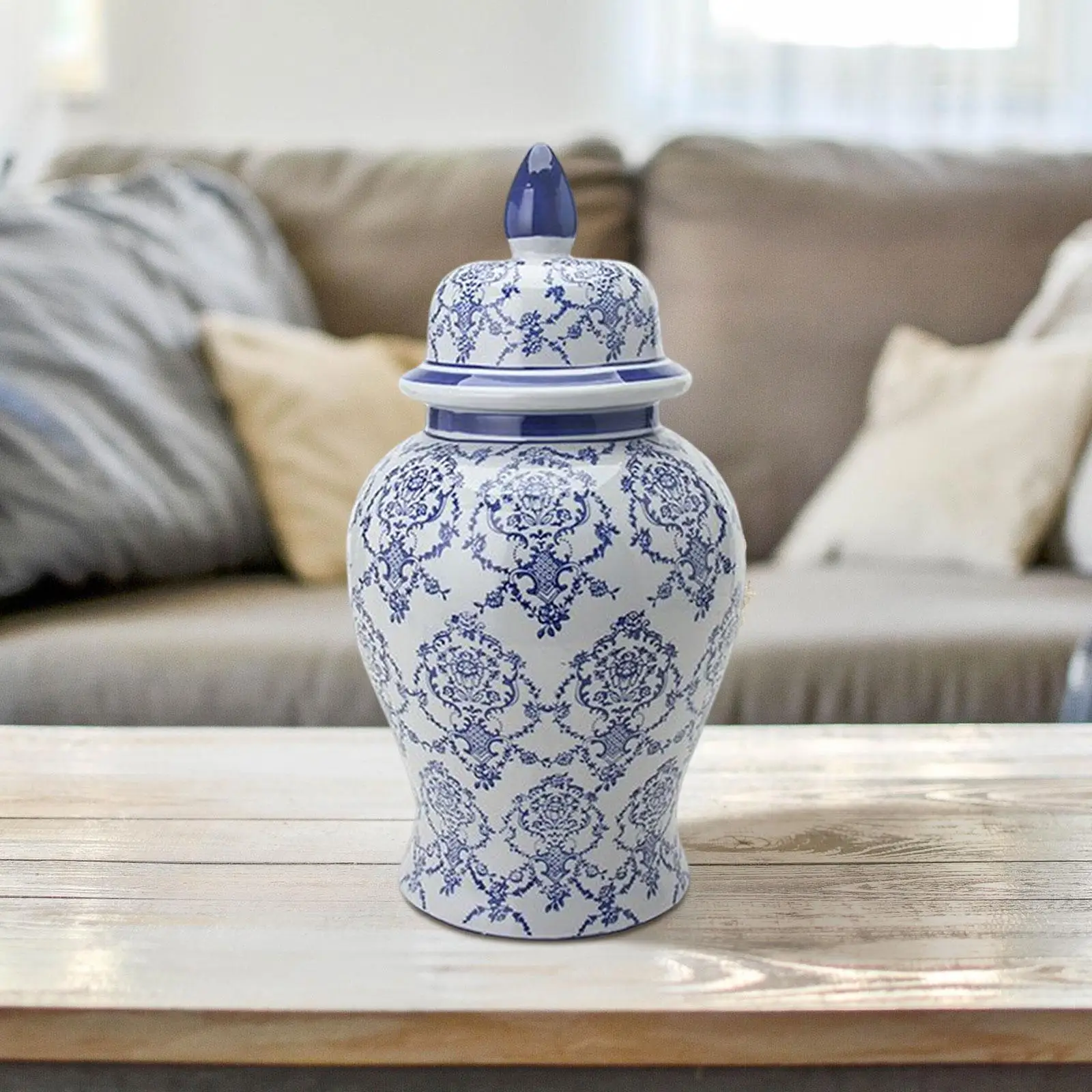 Blue and White Porcelain Ginger Jar Ancient Chinese Temple Jar with Lid Floral Arrangement Desktop Tea Canister