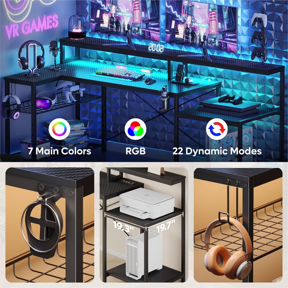Description Picture 5 of itemLarge Corner Desk With Storage Shelf L Shaped Gaming Desk With Power Outlets Table Computer Desks Cup Holder Headset Hooks Black