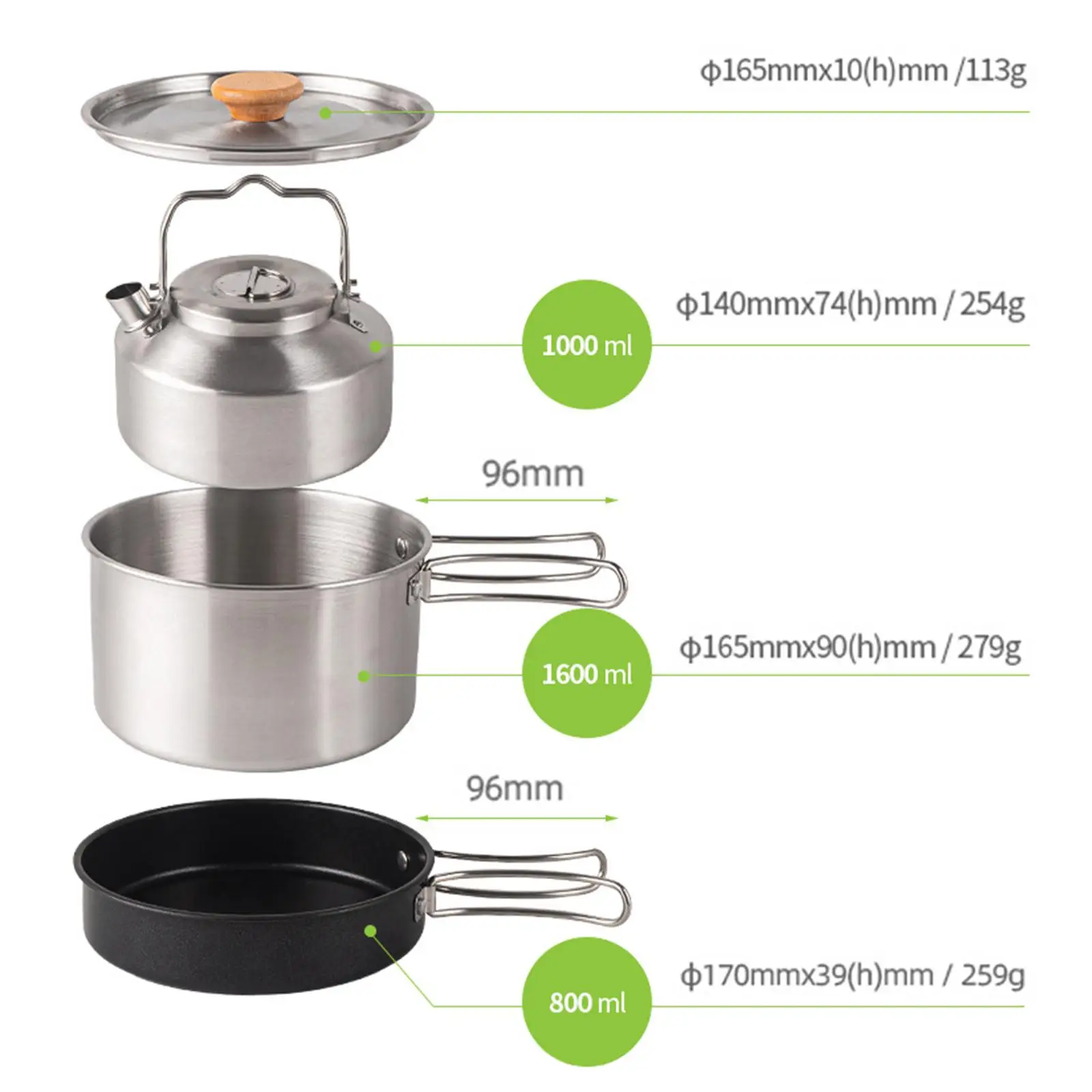 4 in1 Camping Cookware Set Stainless Steel Fry Pan Pot Kettle Cook Set Folding Cooking Set for Outdoor Hiking Picnic Fishing
