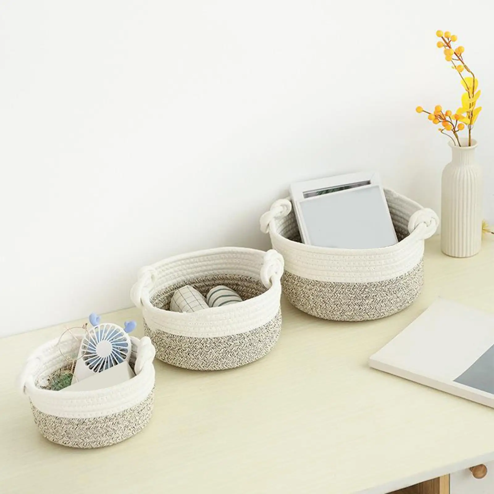 3Pcs Storage Basket Woven Blanket Shelf with Handles Handmade Organization for Clothes Books Home Bathroom Shelves Kitchen