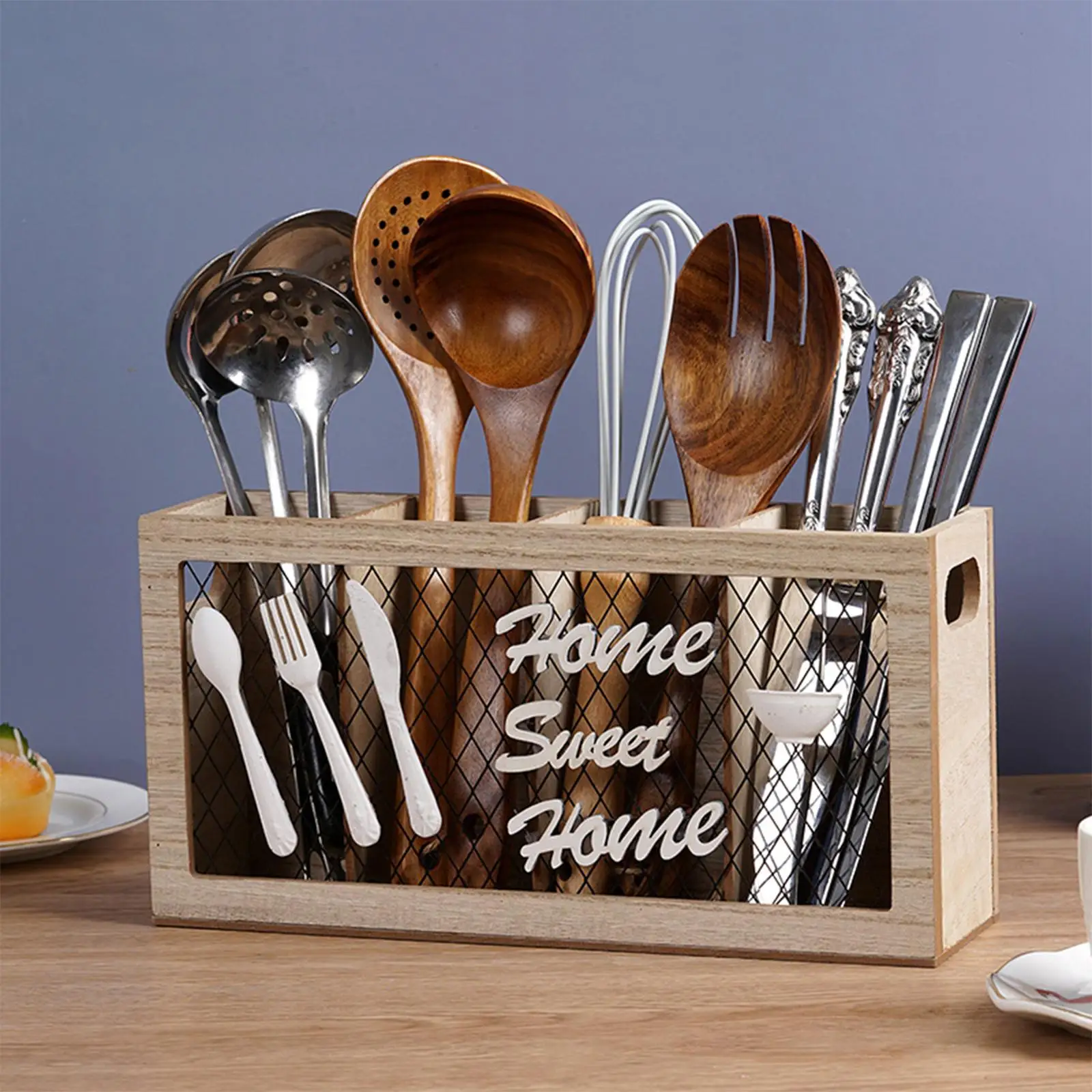 Wood Utensil Holder with 4 Compartments Fork Stand Block Tableware Storage Rack Silverware Organizer for Scissors Fork Knives