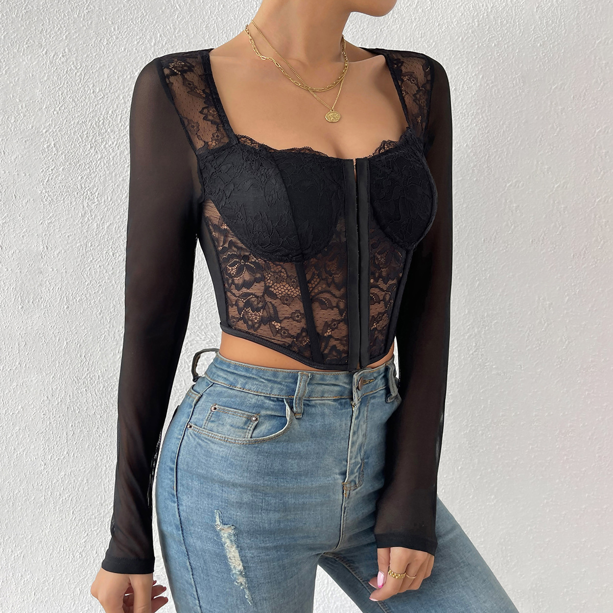 Znbbw Black Lace Mesh Sheer Bustiers Crop Tops Women Sexy See Through ...