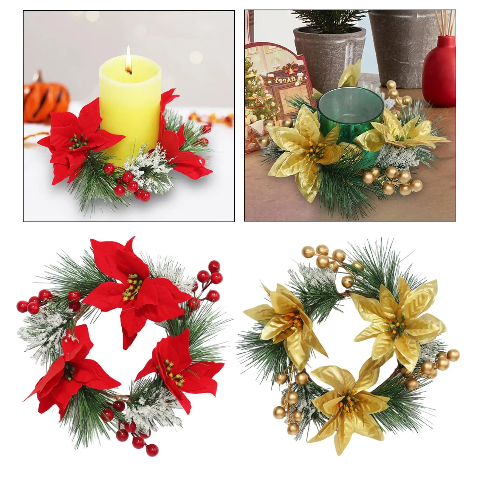 Christmas Candle Rings Candle Holder Rings Decorative Greenery Leaves Mini Wreaths for Dining Room Xmas Party Holiday Farmhouse