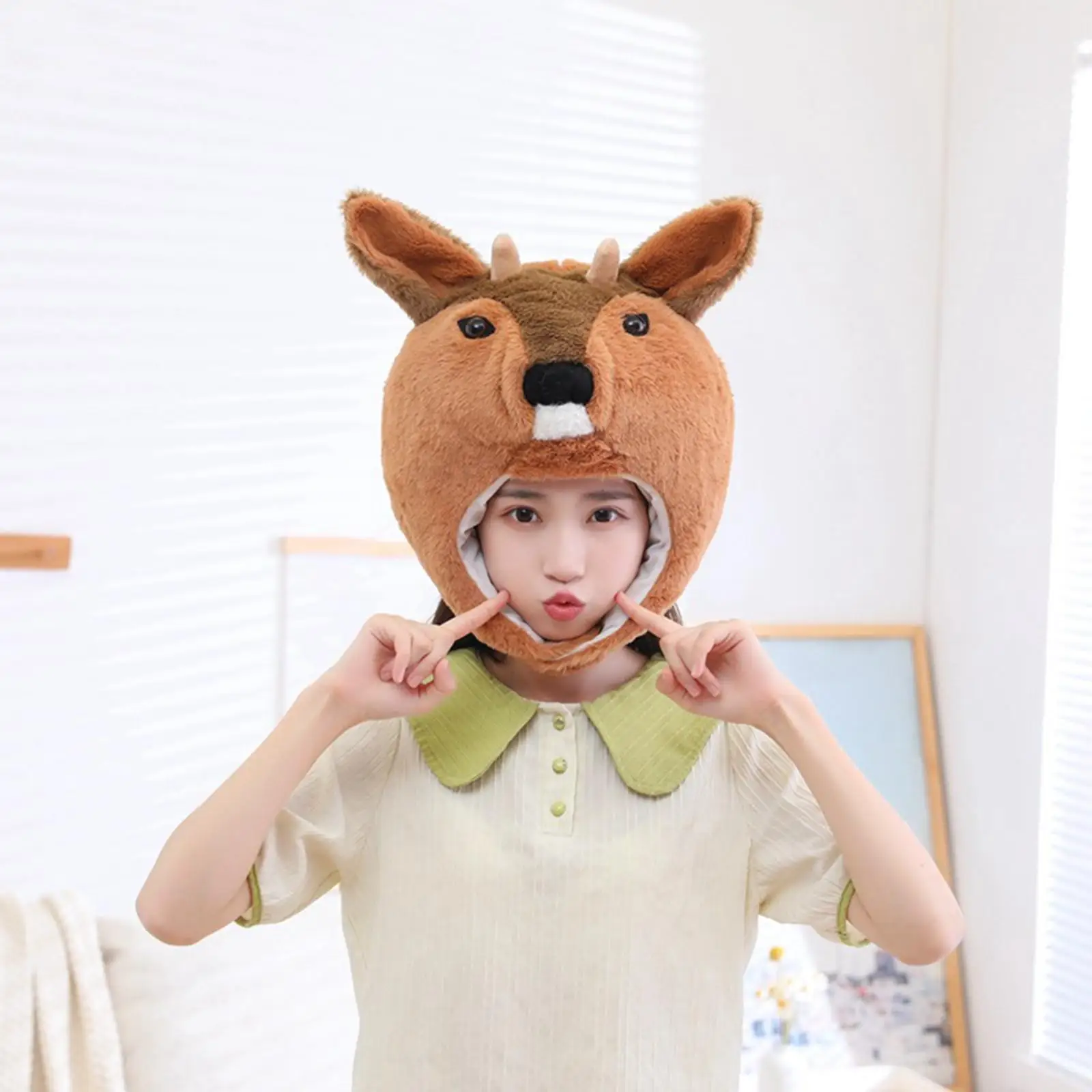 Cartoon Plush Roe Deer Hat Cap Funny Winter Costume Accessory Gifts Headgear Headwear for Holiday Christmas Cosplay Party Girls