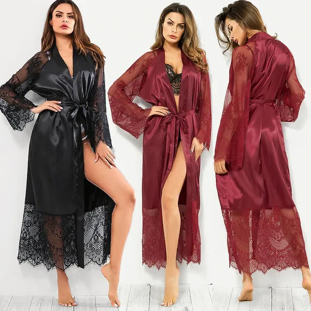 AMILIEe Women Robe Long Silk Bathrobe Soft Chic Print Sexy Temptation  Bathrobe Spring Clothing with Belt 