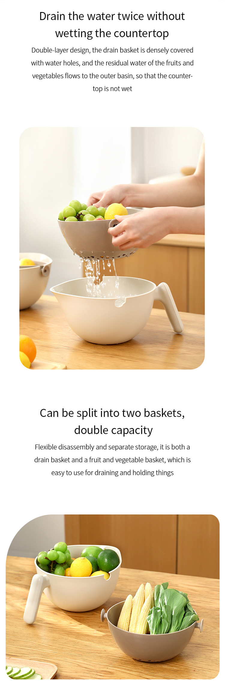 Gadgetoo Fasola Double Layer Drain Basket For Food Vegetable Fruit Plastic Storage Basket