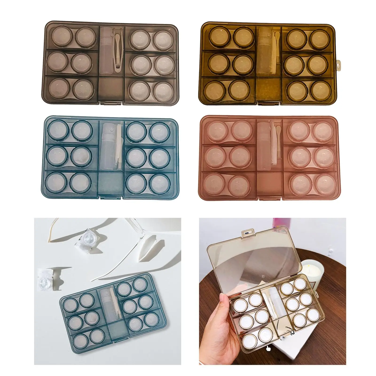 Compact 6 Pair Contact Lens Case Clear Soak Storage Container Organizer Box Portable Tweezers Remover Tool for Women Lens Care