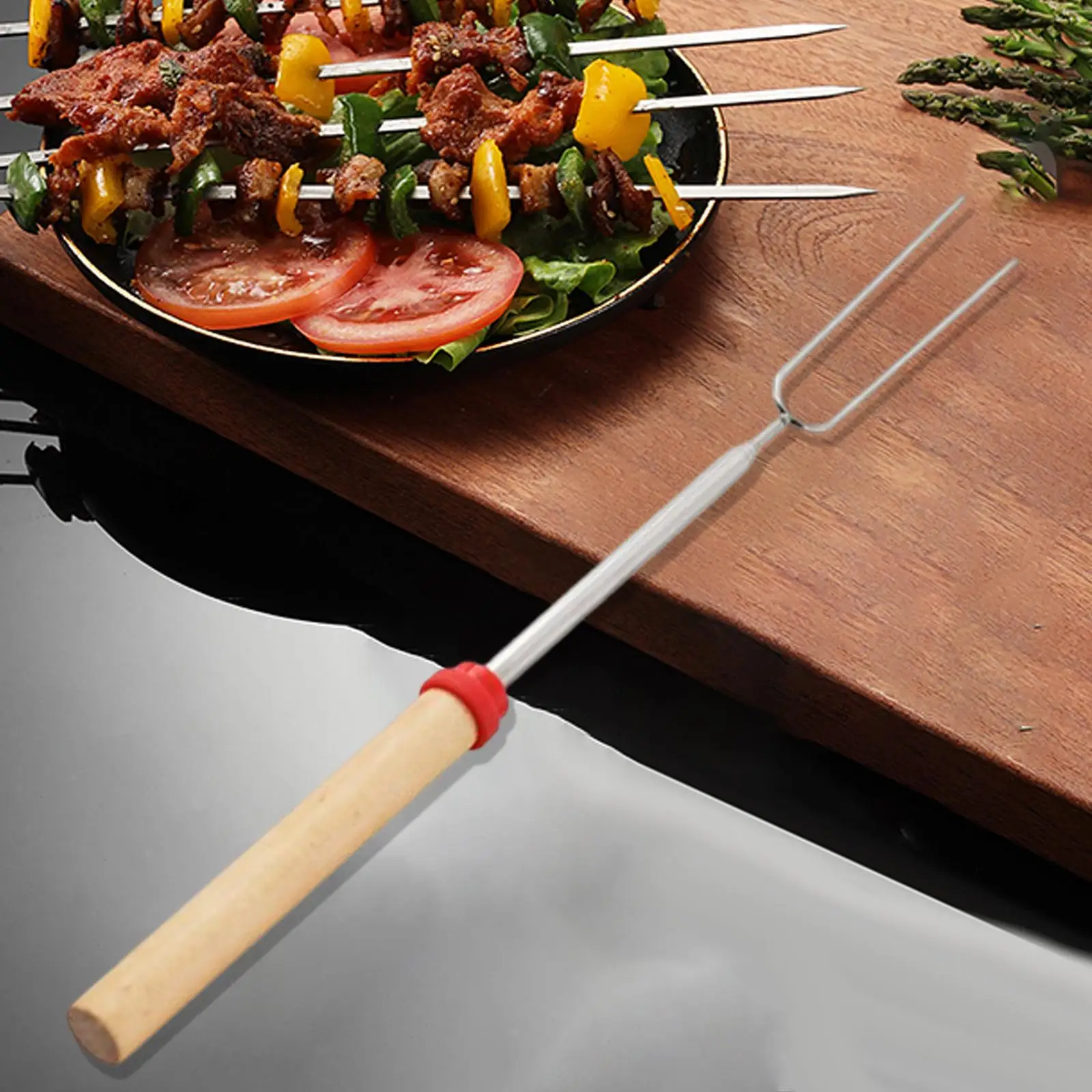 Extendable Barbecue Meat Fork Wood Handle Kitchen Accessories Metal for Grilling