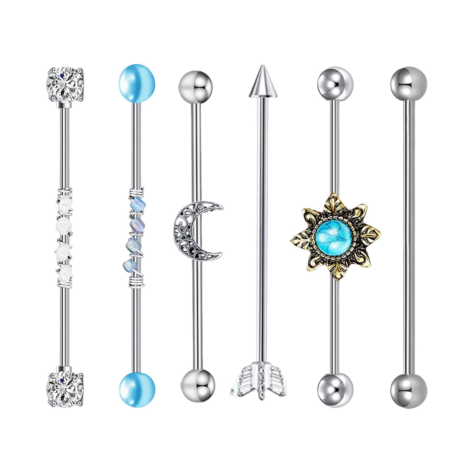 6Pcs Industrial Barbell Earrings Cartilage Body Piercing Jewelry Long 38mm 1 1/2inch Stylish Industrial Piercing Bar for Girls