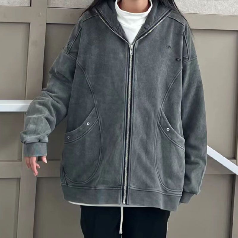 Description Picture 3 of itemHigh Street Y2k Jackets Hooded Pockets Zipper Solid Color Long Sleeve Coats Harajuku Vintage Autumn Casual Loose Women Clothing