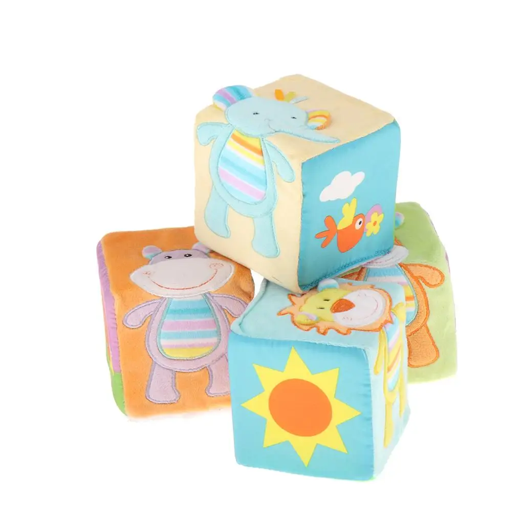 4Pcs/Set Baby Ring Rattles Educational Plush Toy Soft Building Blocks Cube Cloth 9cm