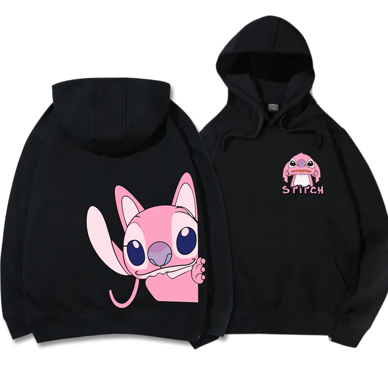 Disney Hoodie Fashion Stitch Angel Monster Letter Cartoon Sweatshirt Pullover Cute Harajuku Unisex Women's Pocket Top