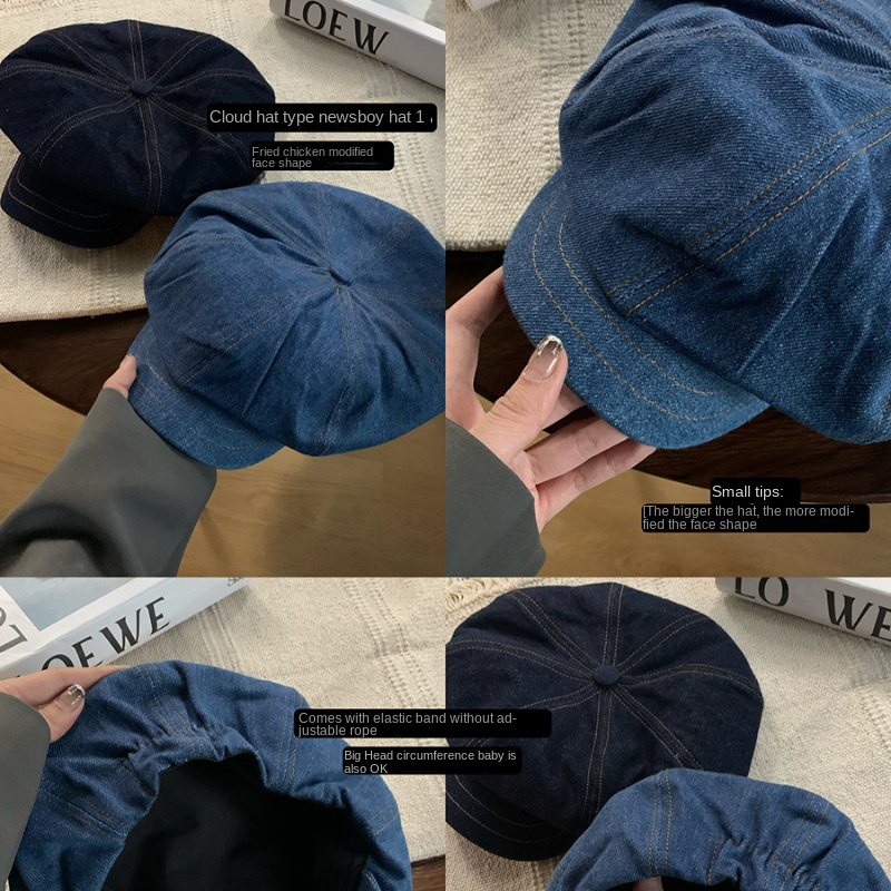 Koreanische Neue Denim Baskenmütze Frauen Frühling und Herbst Retro Große Kopfumfang Wolke Hut Mode Lässig Achteckigen Maler Kappe – Detail 6