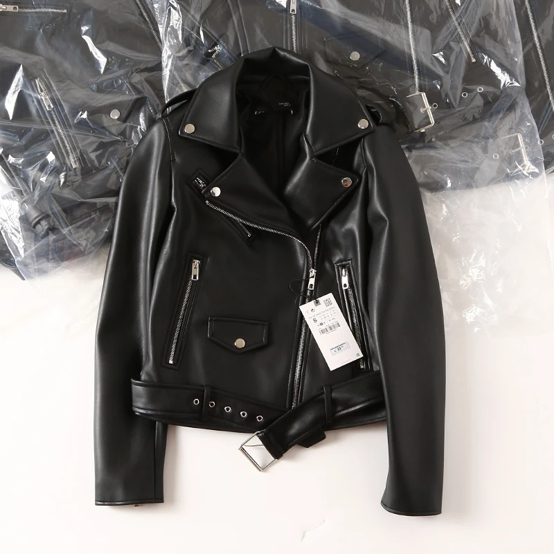 Women Black Leather Jacket Spring Autumn Lapel Short Moto Biker Coat Female Slim Long Sleeve Streetwear Faux Leather Jackets