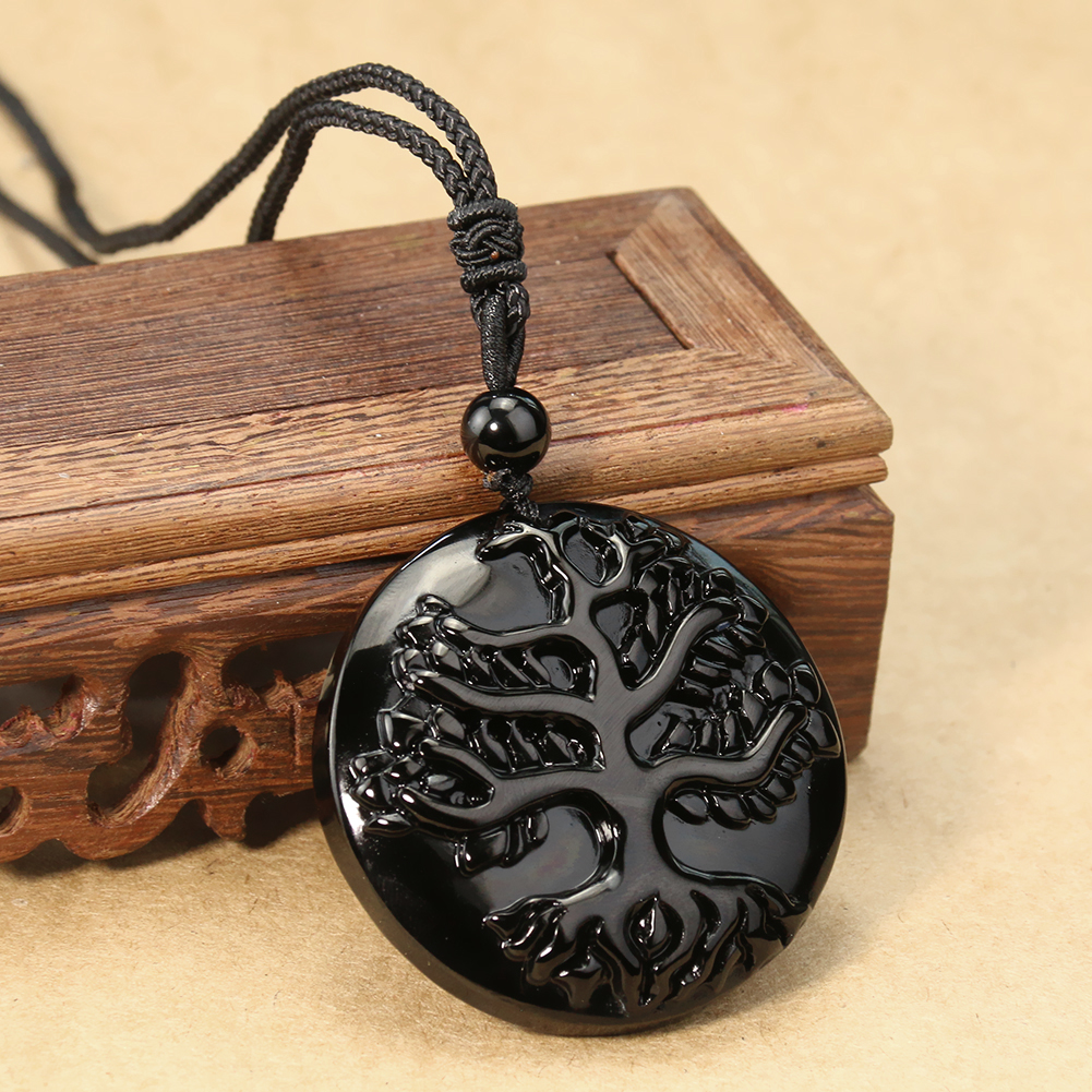 Natürliche Obsidian Laser Carving Baum des Lebens Anhänger Halskette für Männer Frauen Glück Amulett Pullover Kette Meditation Schmuck Geschenke – Detail 1