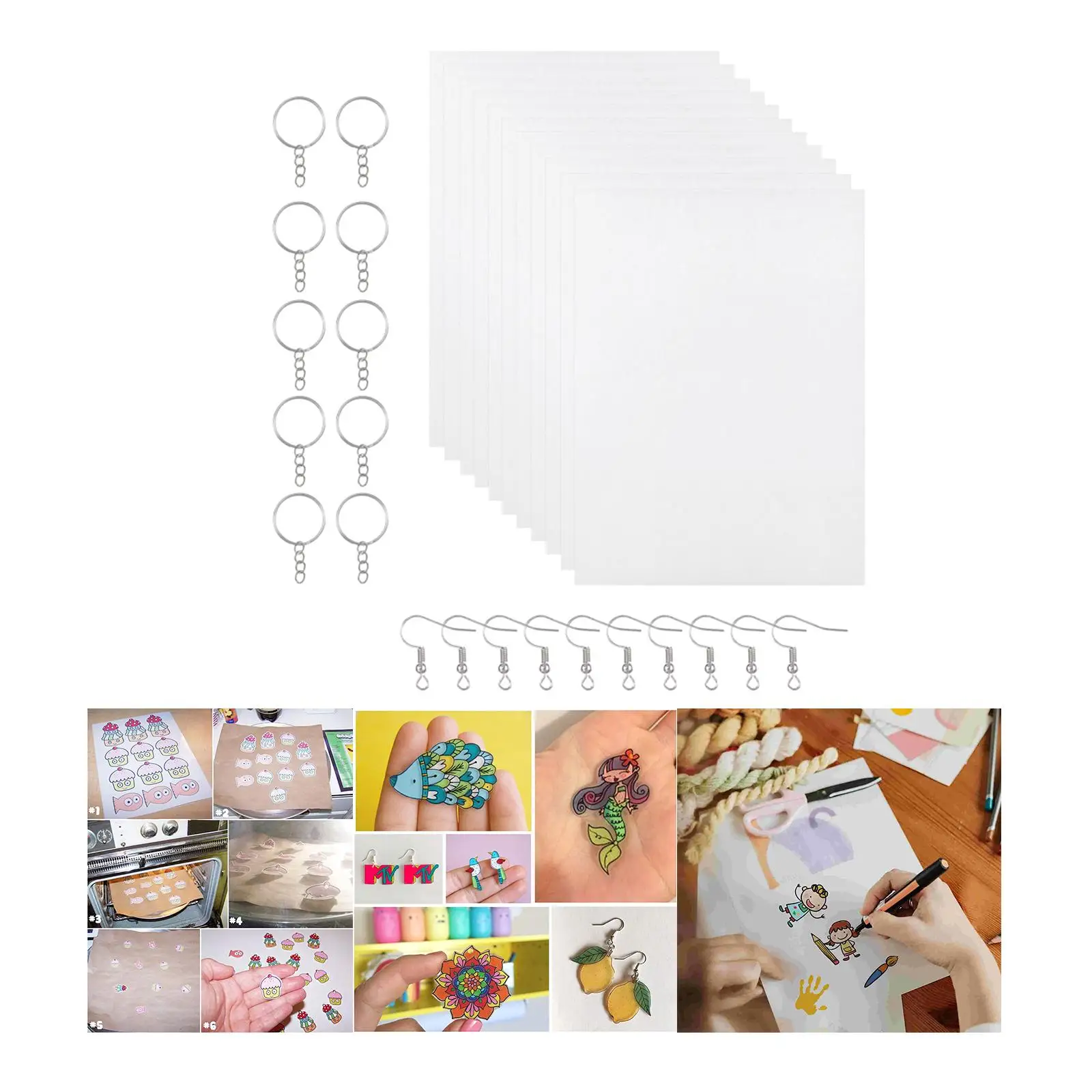 20Pcs Heat Shrink  Sheets 10 Ear Hooks 10 Keychains Kids Beginners  Art Paper for Card Making DIY Ornaments