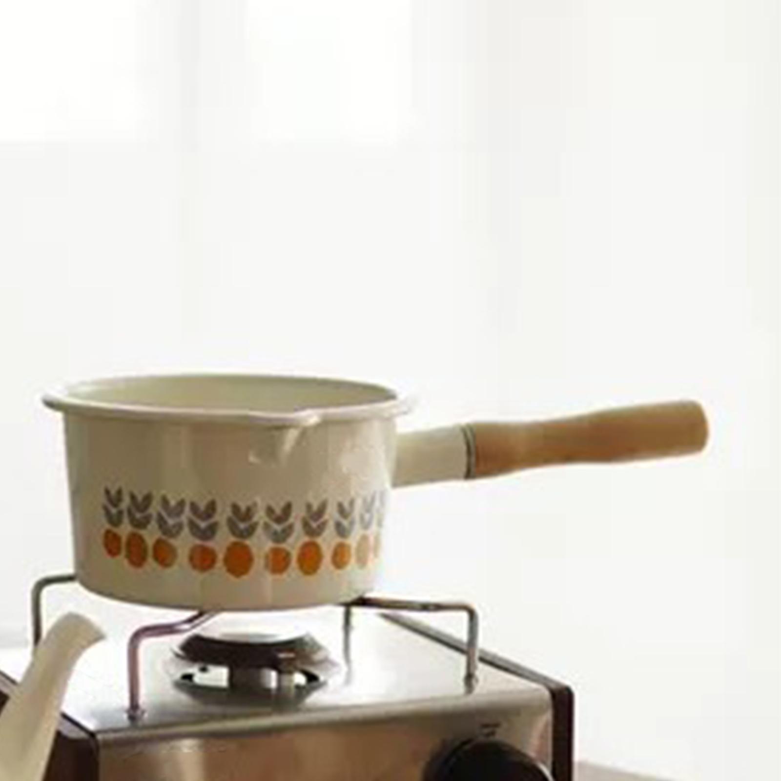 Enamel Milk Pot with Pour Spout Cooking Saucepan with Wooden Handle Butter Warmer for Soup Milk Heating Instant Noodle Gas Stove