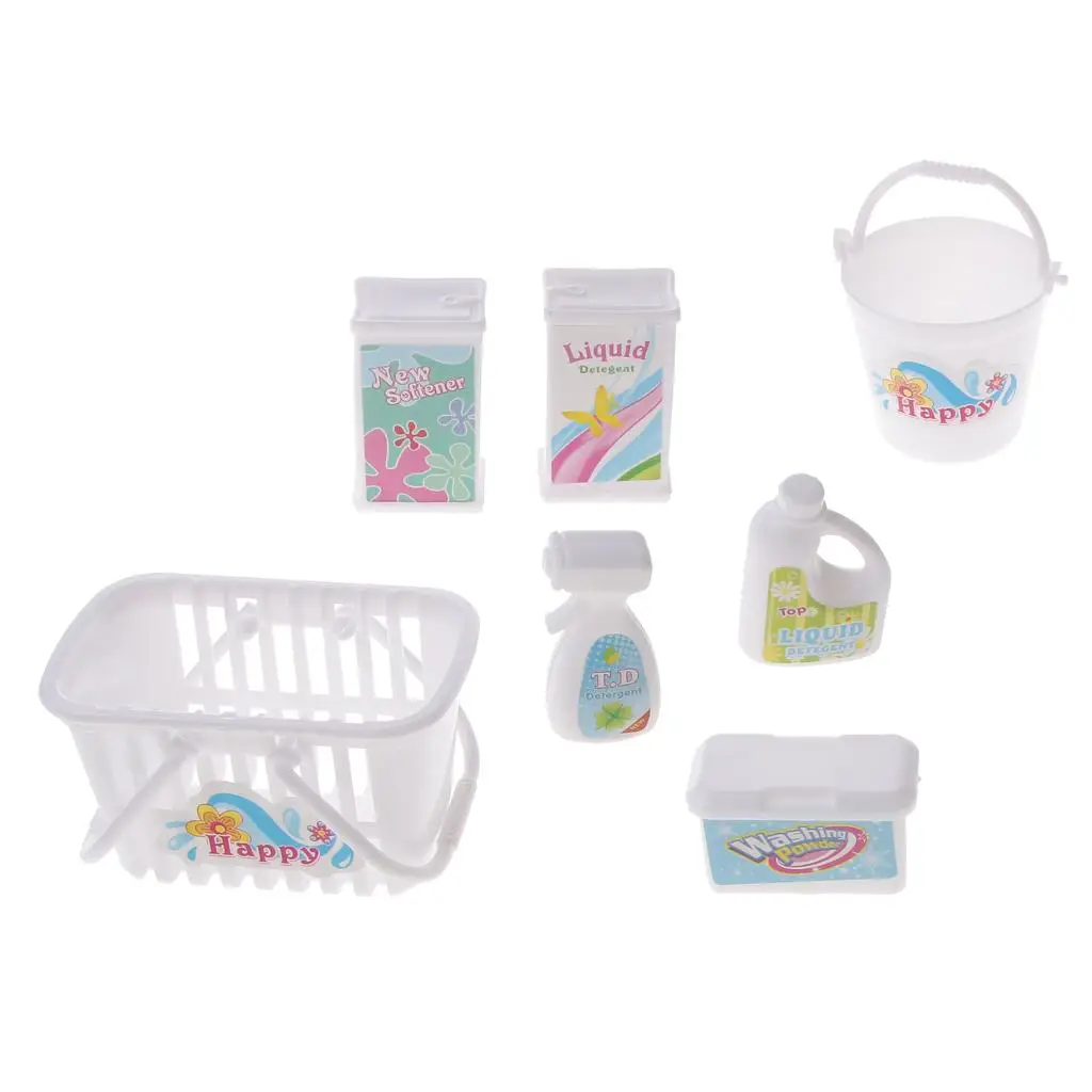 7pcs Dollhouse Miniature Mini Cleaning Tools Laundry Basket Bucket Detergent Kit for   Doll Bathing Accessories Classic Toy