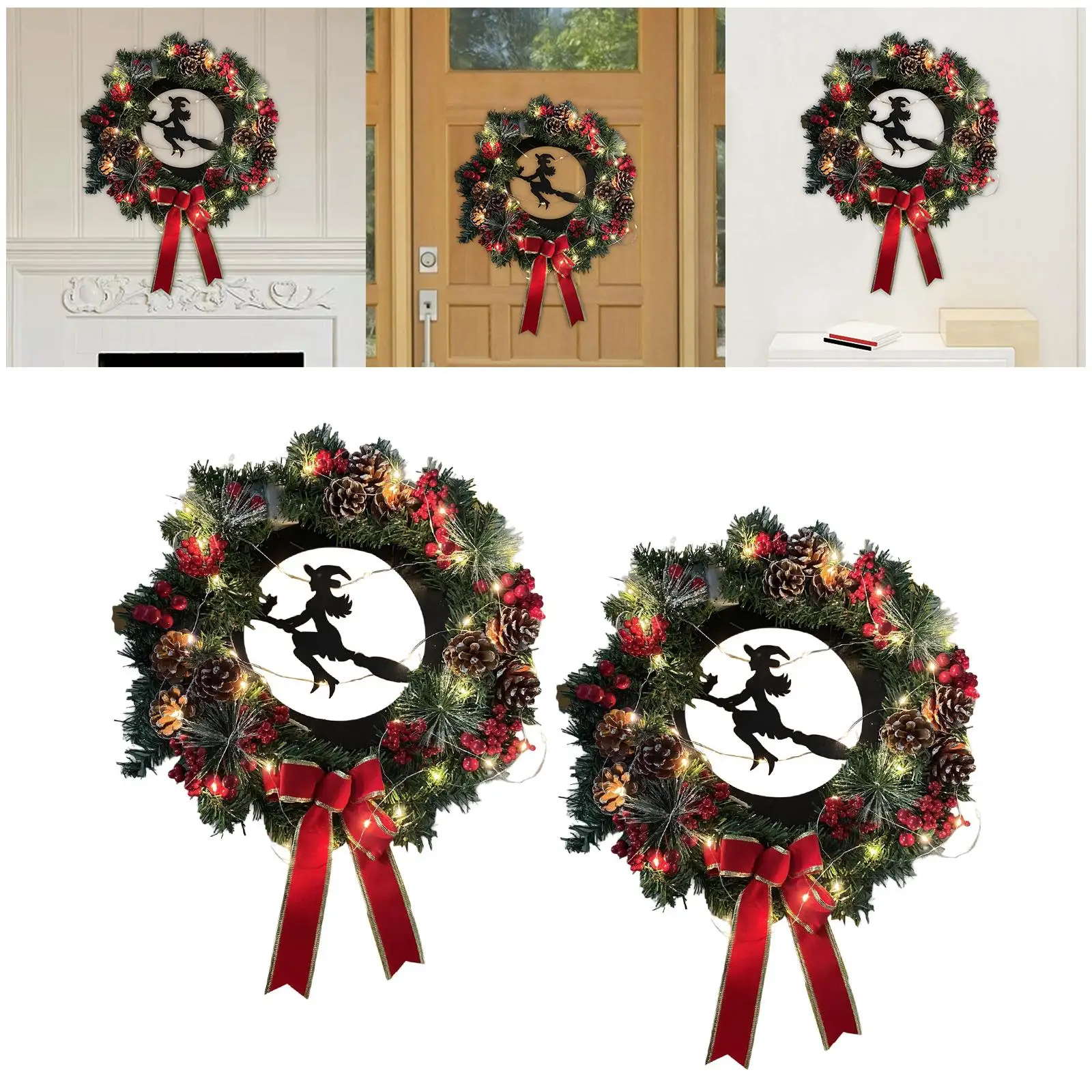Artificial Wreath Christmas with Light Hanging Ornament Pine Cones Autumn Garland for Door Window Home Party Xmas