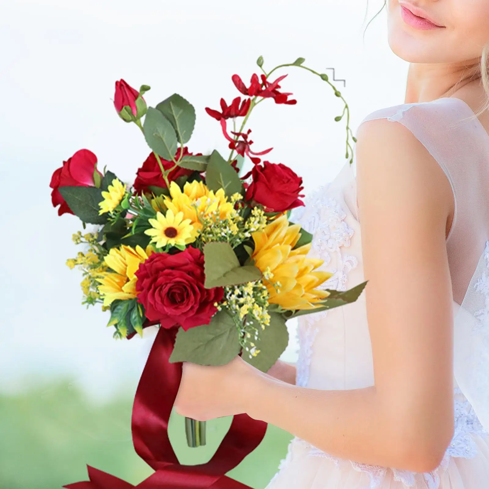 Bridal Bouquets 11.81`` Charming Romantic Photo Props Artificial Sunflower Bouquet for Bridal Shower Party Valentine`s Day