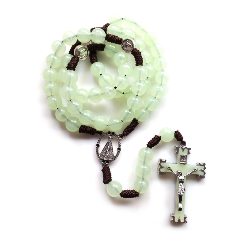 E8BD 10mm Rosenkranz Perlen Leuchtende Halskette Jesus Kruzifix für Kreuz Anhänger Halsketten Glow in Dark Religiöse Schmuck für – Detail 2