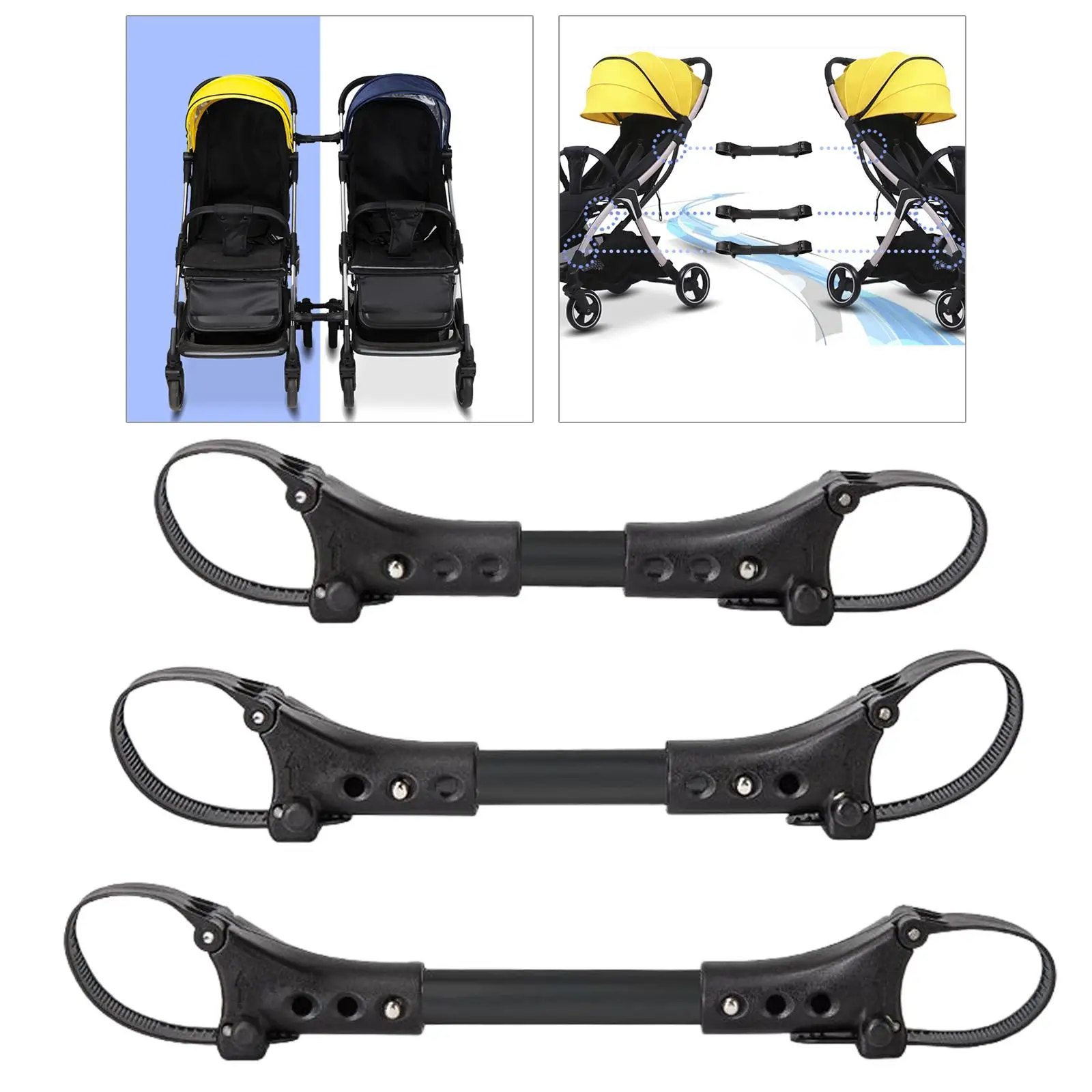 3x Twin Baby Stroller Connector Alluminum Alloy Side by Side Safety Attachment Black Secure Strap Linker Durable for Infant Cart