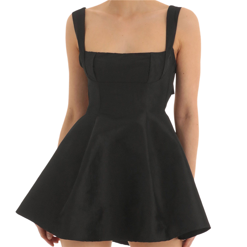 Satin Dress for Women Summer Solid Color Square Collar Sleeveless Backless A Line Mini Dress Elegant Party Dresses