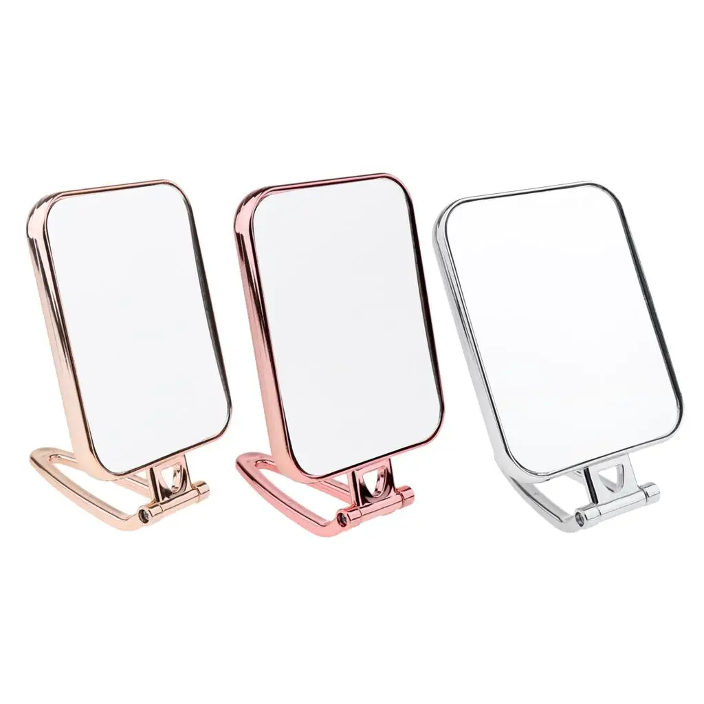 Vanity Makeup Mirror,Non-Magnifying,Round ,Free-standing,Folding Handle,Rectangle,Silver-plated Plastic Frame