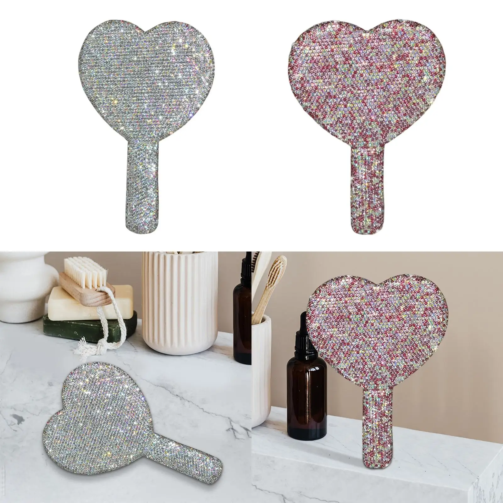 Cute Handheld Makeup Mirror Cosmetic Mirror with Handle Princess Handheld Mirror Bling Heart-Shaped for Valentine`S Day Gift