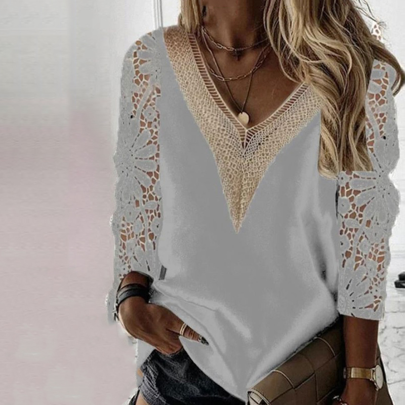 Lace Long Sleeves Top Chiffon Shirt Mulheres