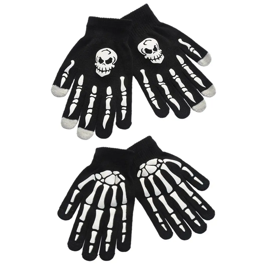 Halloween Skeleton Gloves Knit Skull Glow in The Dark Stretch Mittens for Party Props Costume Cycling Adult