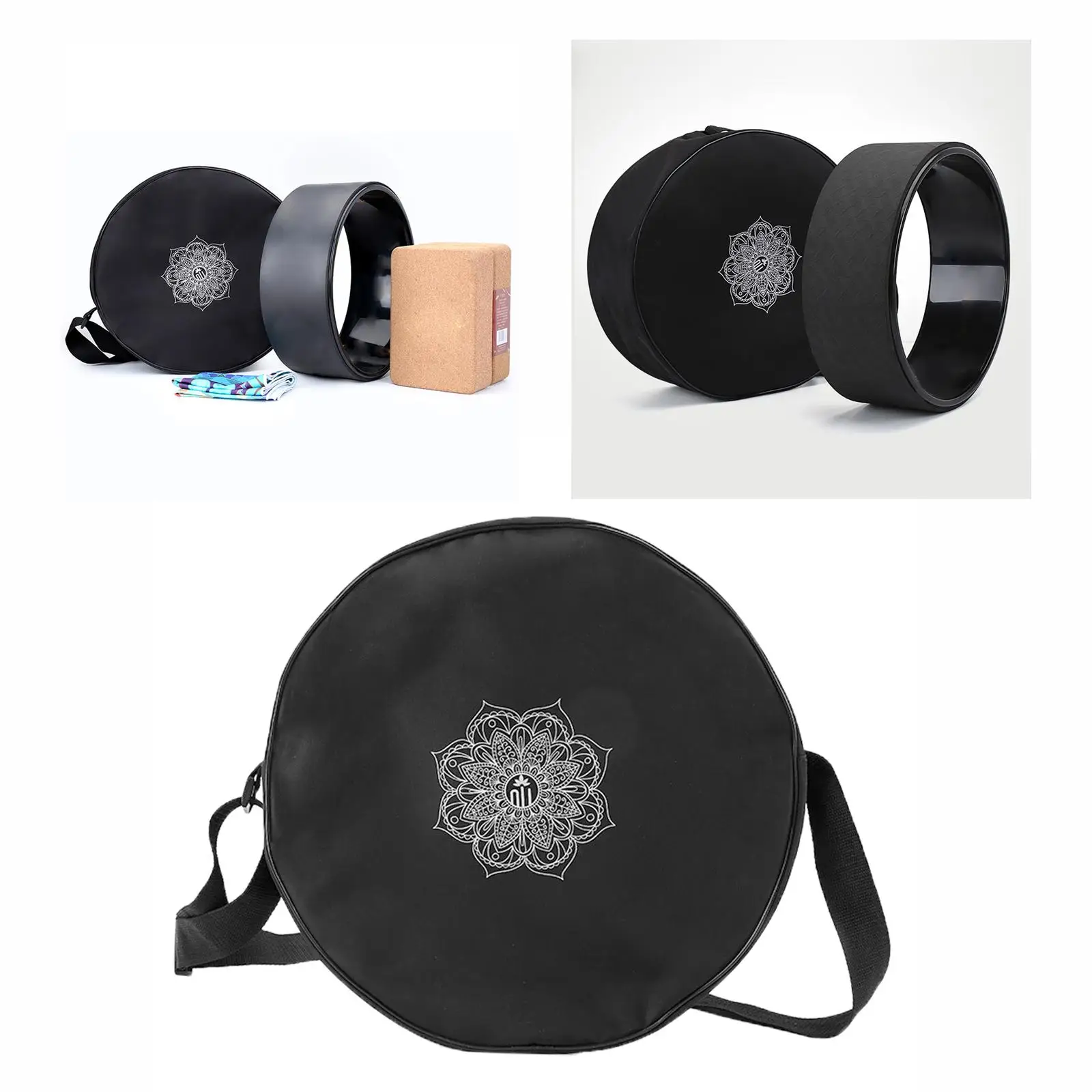 Yoga Wheel Bag Nylon Black Mandala Flower Yoga Circle Bag Yoga Wheel Dharma Wheel Storage Bag Shoulder Fitness Bags