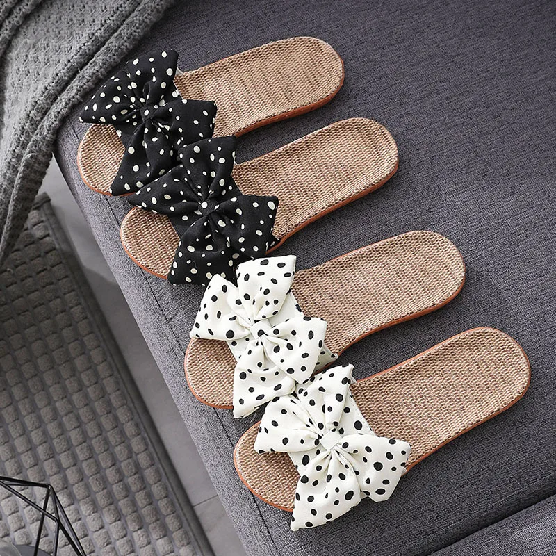 Summer Bowknot Linen Slippers Women Japanese Cute Wave Point Home Indoor Shoes Non-Slip Women's Linen Slippers