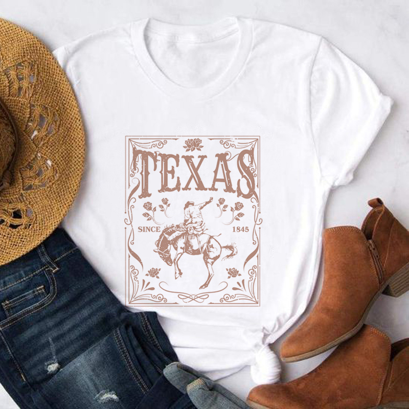 Camiseta feminina estampada Texas Cowboy Rock, camiseta